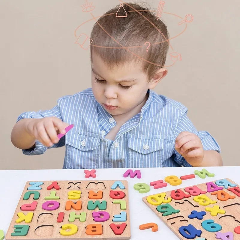 Montessori Children's 3D Wooden Puzzle Alphabet Number Shapes Puzzle Preschool Early Education Toys Matching Board Game Gifts - Image 2